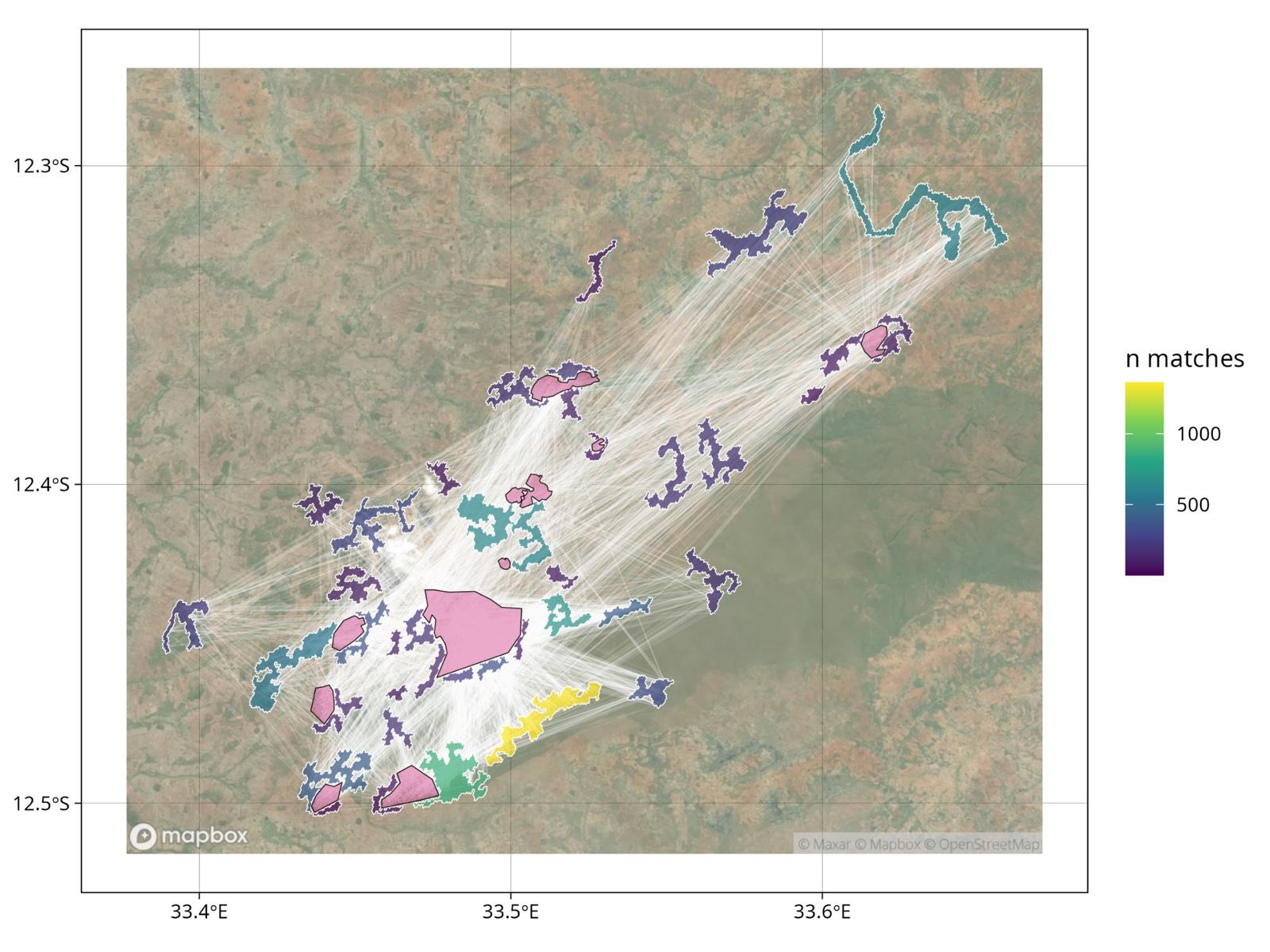 Satellite map of Southern Africa with a reforestation project area outlined in pink and automatically selected reference areas outlined in a colour gradient, connected by matching lines